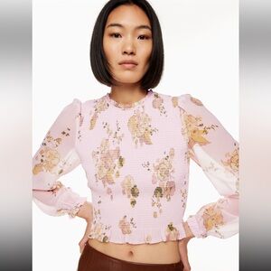 Aritzia Wilfred New Tempest Blouse Pink Floral Ruffle Zip Back Feminine Small